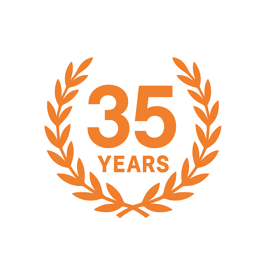 Orange 35 year icon encircled by a wreath to match the style of other icons on the page with a clear background