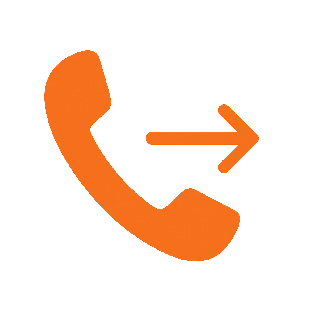 Orange phone icon with an arrow pointing right to match the style of other icons on the page on a clear background